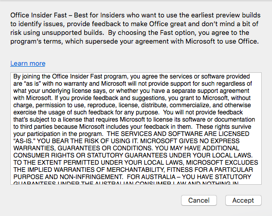 Microsoft Office Auto Update Disclaimer for Fast option