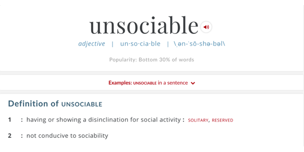 Unsociable definition from Merriam-Webster dictionary
