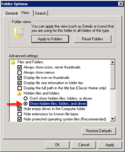 Microsoft Windows folder options to show hidden files, folders, and drives