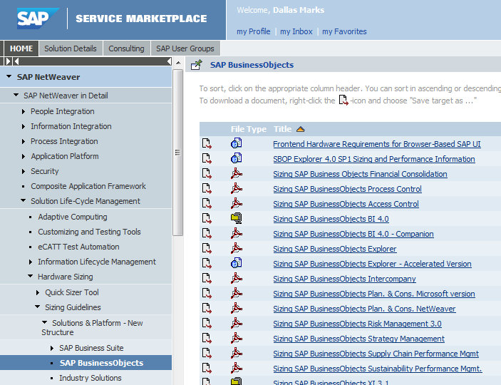 Sizing in the SAP Service Marketplace