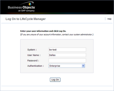 Lifecycle Manager logon screen